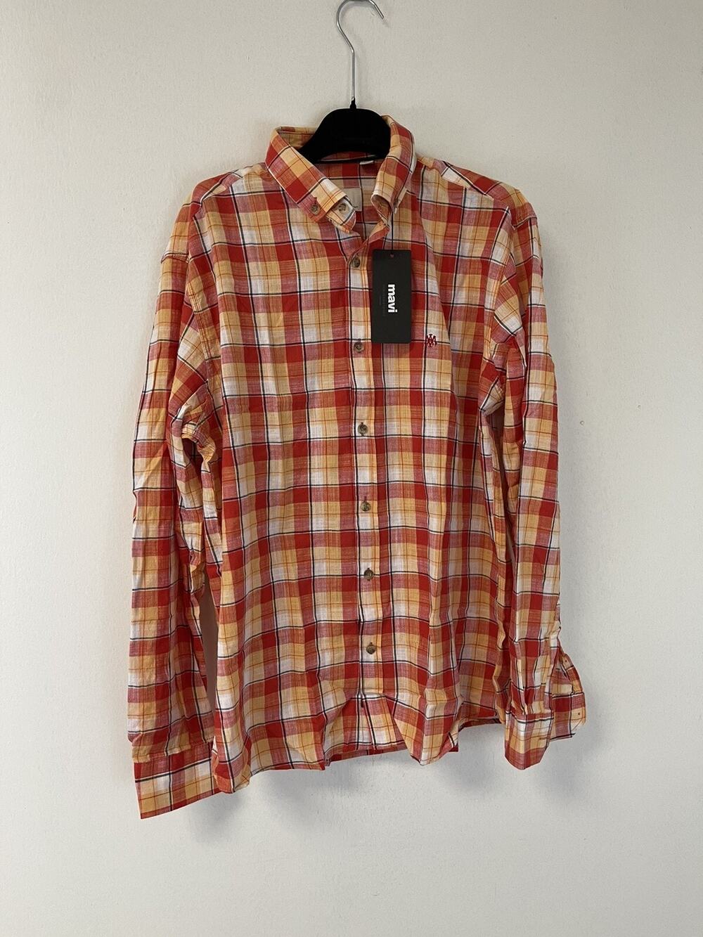 Mavi Shirt Mens Small Button Up Orange Plaid Check Long Sleeve Cotton N208